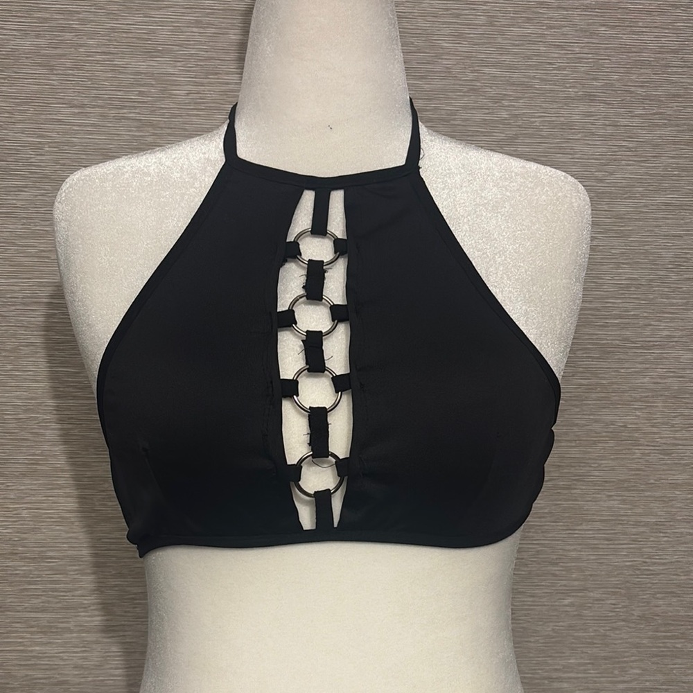 Black Halter Top with Cutout Metal Ring Design